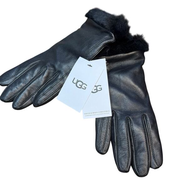 UGG Leather Shorty Tech Tip Fur Cuff Glove Black NWT Medium - Picture 2 of 8